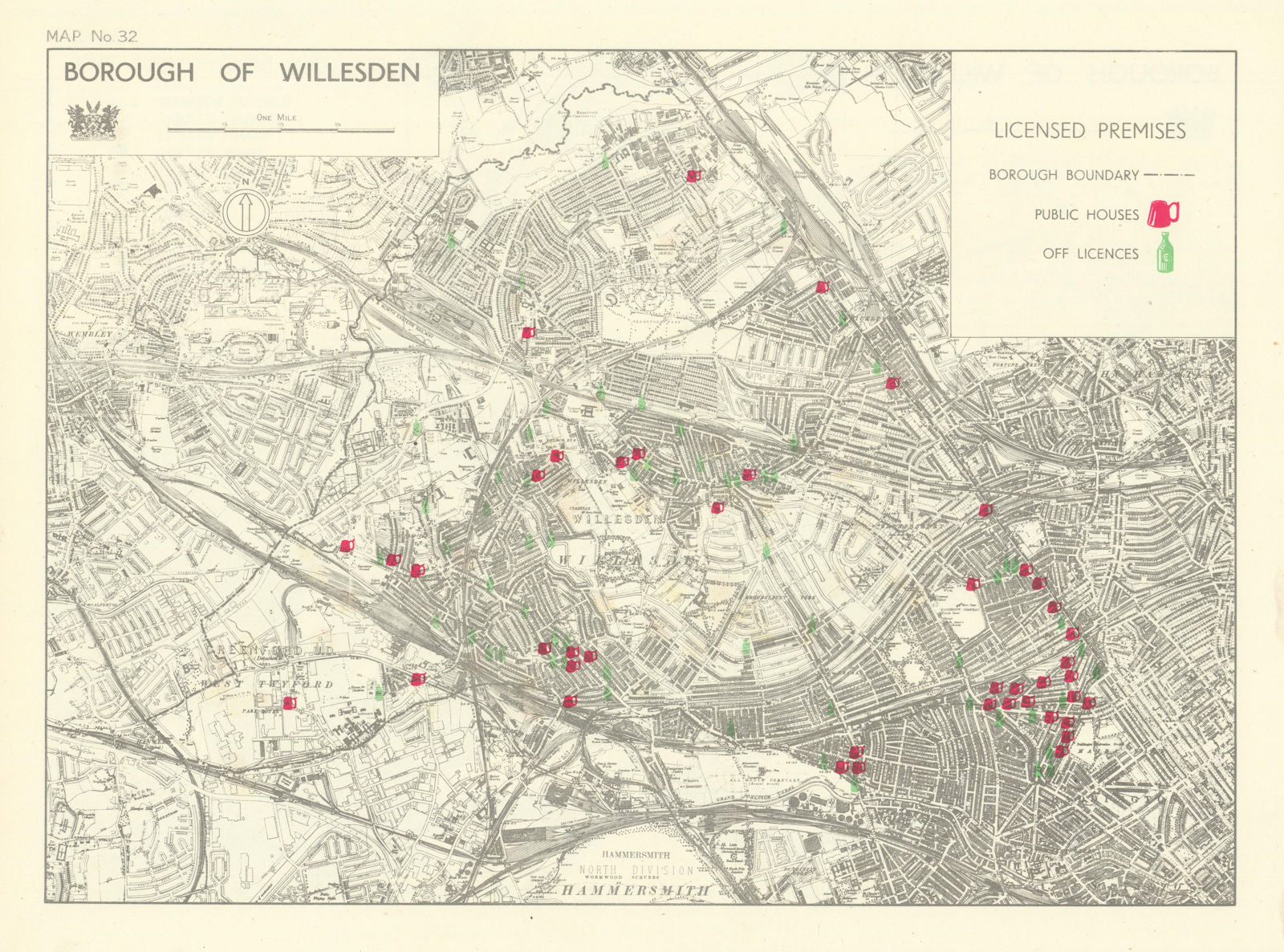 Willesden Borough Licensed Premises Pubs & Off-licenses. Kensal Kilburn 1950 map